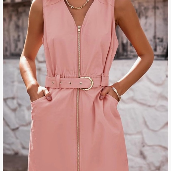 NWT Womens Summer Mini Dress Zip Up V Neck Collared Belted Sleeveless Dress L - Picture 3 of 7
